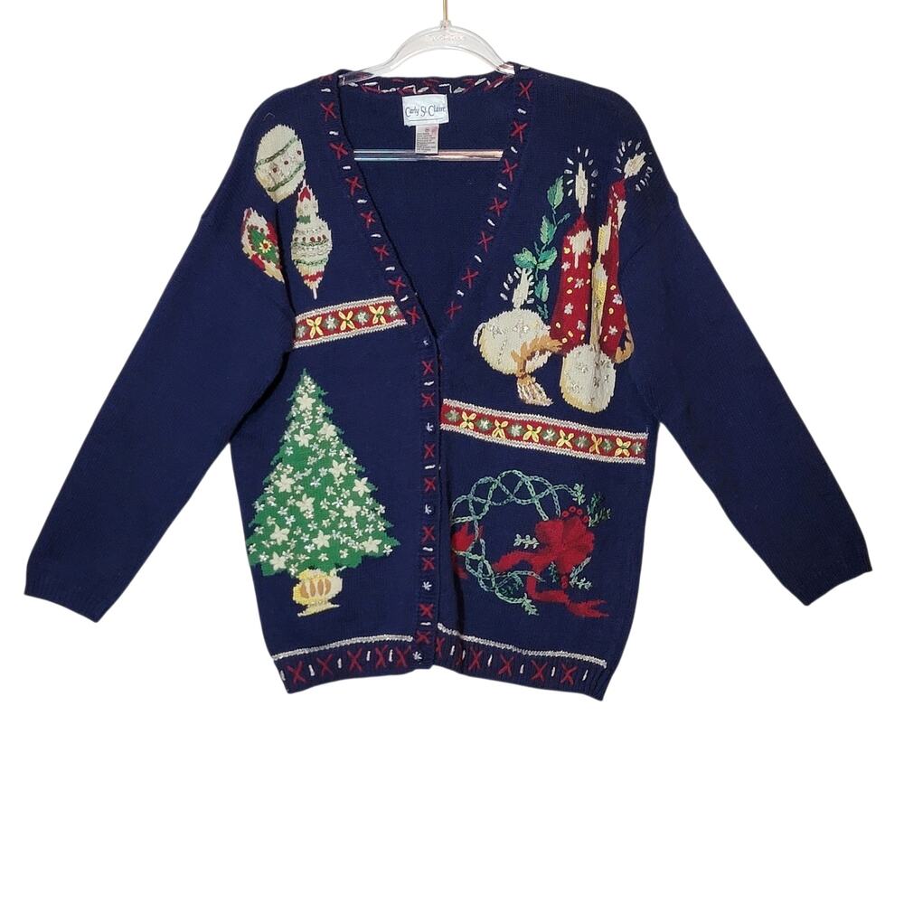 Vintage Carly St Claire Christmas Embroidered Cardigan Sweater Blue Red M Retro